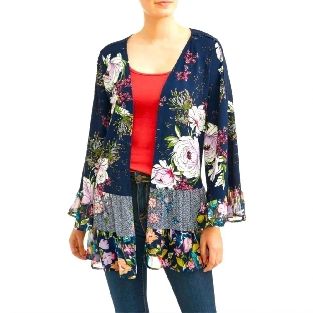 TIME & True open front, ruffled‎ kimono/duster